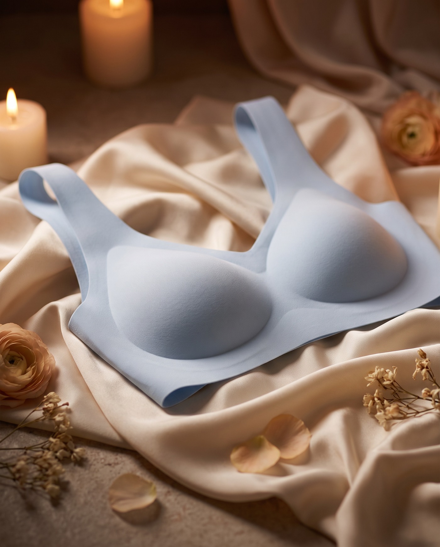 VELRA's Lumen bra in pale blue, styled on flowing silk with candlelight and soft petals
