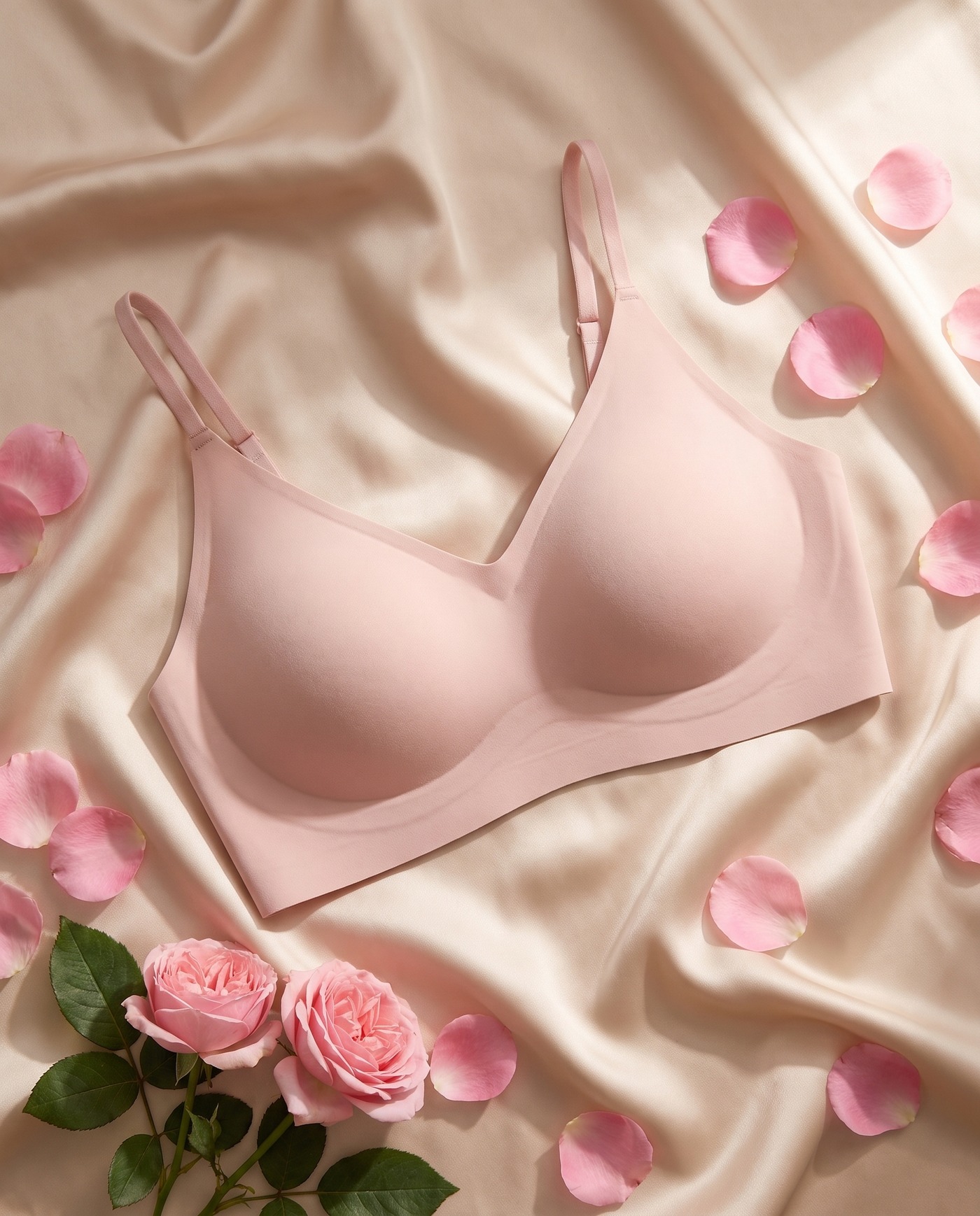 A VELRA Nimbus bra in deep cocoa laid across warm gold silk, softly lit